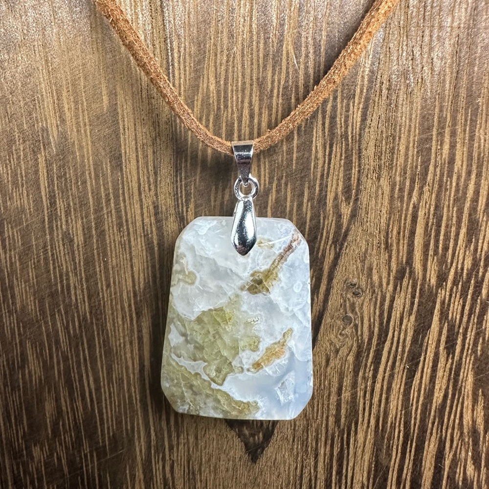 Moss Agate Pendant Necklace on Brown Faux Suede